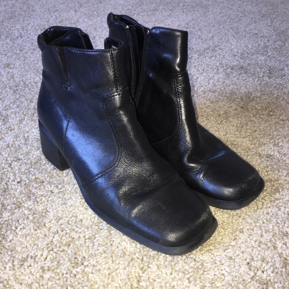 Size 7.5 black “leather” booties with small heel